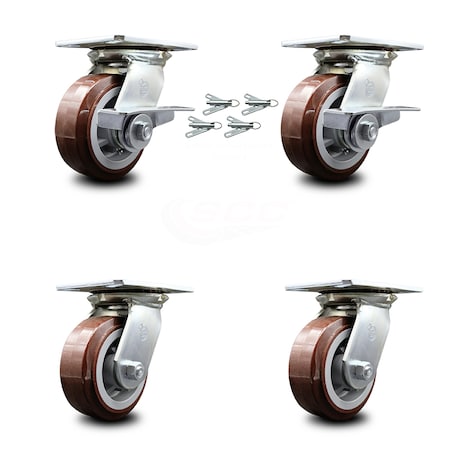 Service Caster 5 Inch Polyurethane Caster Set with Roller Bearing 4 Swivel Lock and 2 Brake SCC SCC-35S520-PPUR-SLB-BSL-2-BSL-2